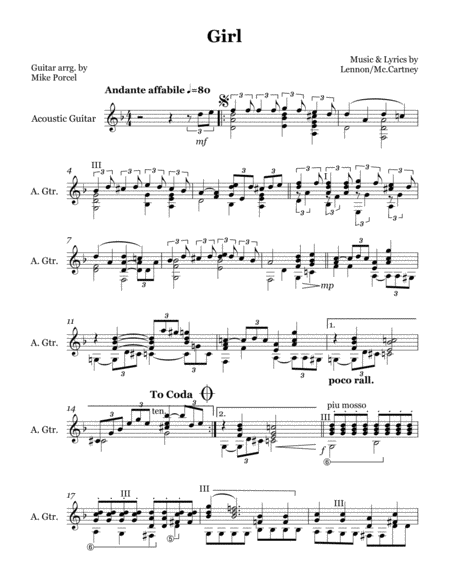 Girl by The Beatles Guitar Solo - Digital Sheet Music