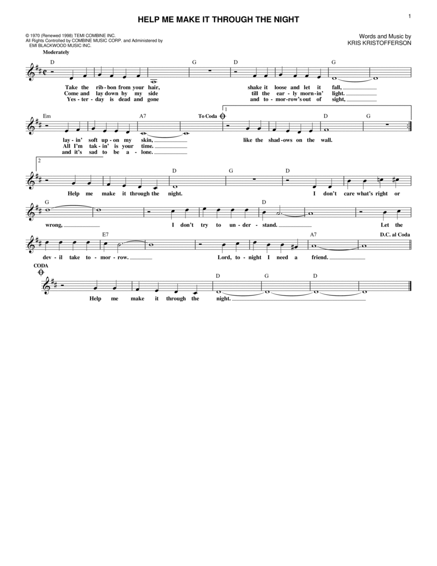 Help Me Make It Through The Night Electric Guitar scores gallery preview page 1