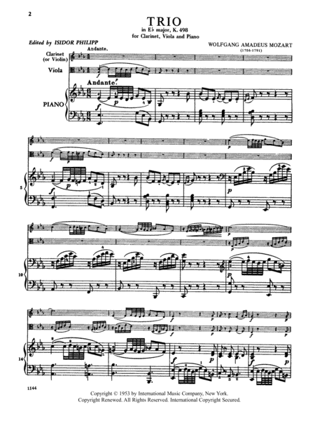 Trio In E Flat Major Kegelstatt, K. 498 For Clarinet (Or Violin), Viola And Piano