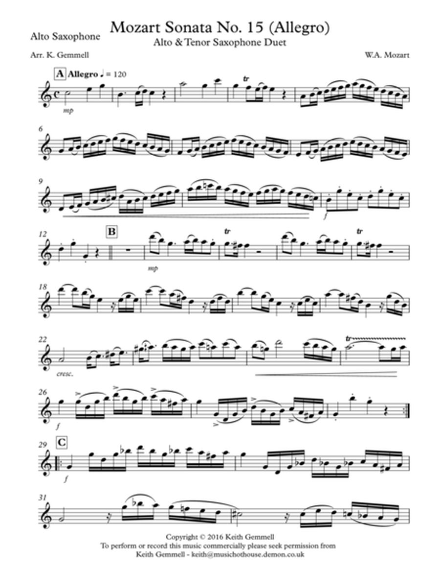 Mozart Sonata No.15 (Allegro): Alto & Tenor Saxophone Duet image number null