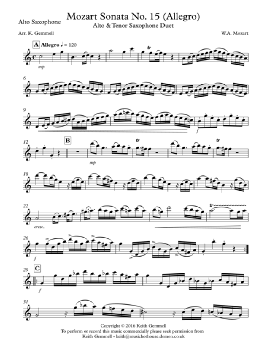 Mozart Sonata No.15 (Allegro): Alto & Tenor Saxophone Duet Woodwind Duet scores gallery preview page 6