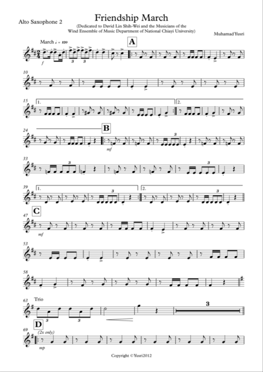 Friendship March (Alto Saxophone 2 Part) Concert Band scores gallery preview page 1