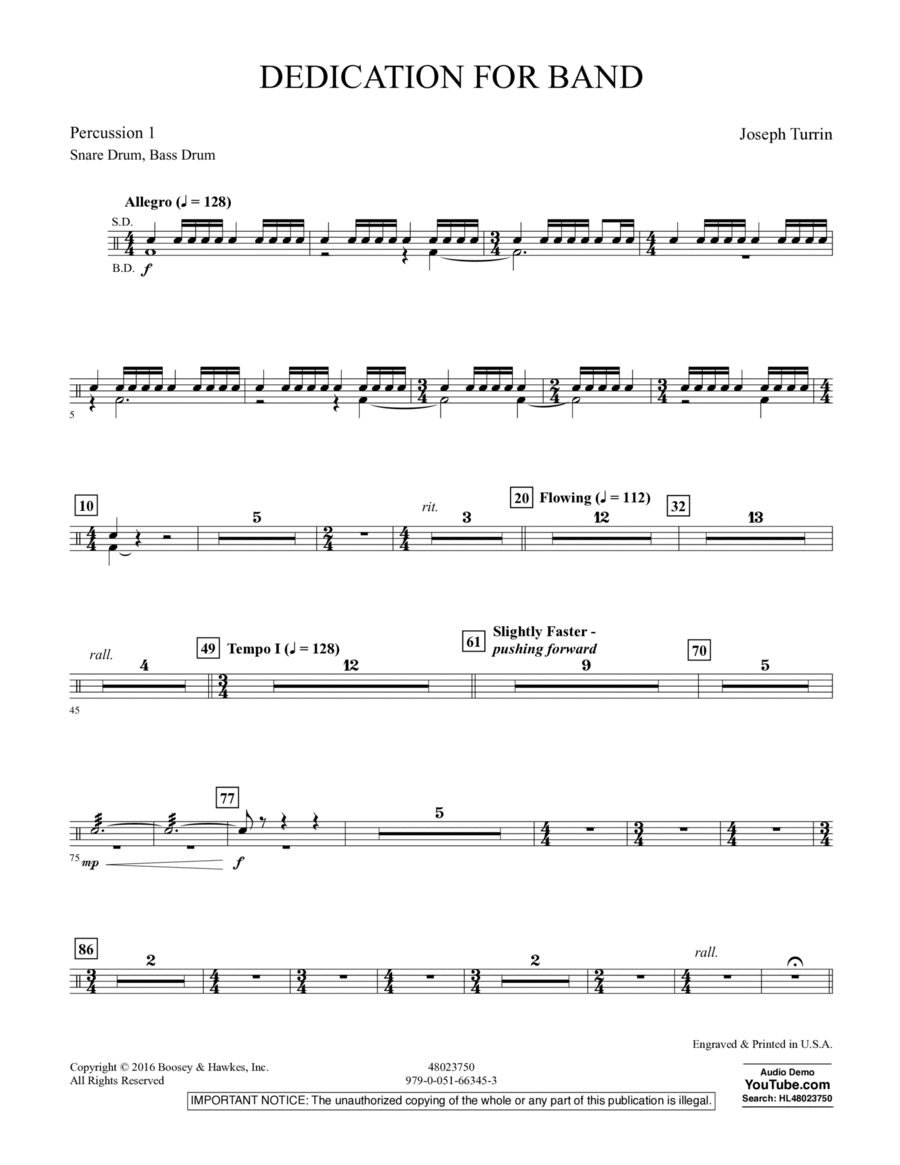 Dedication for Band - Percussion 1 Percussion scores gallery preview page 1