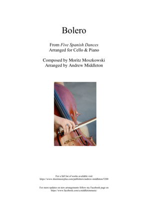 Book cover for bolero from Five Spanish Dances arranged for Cello and Piano