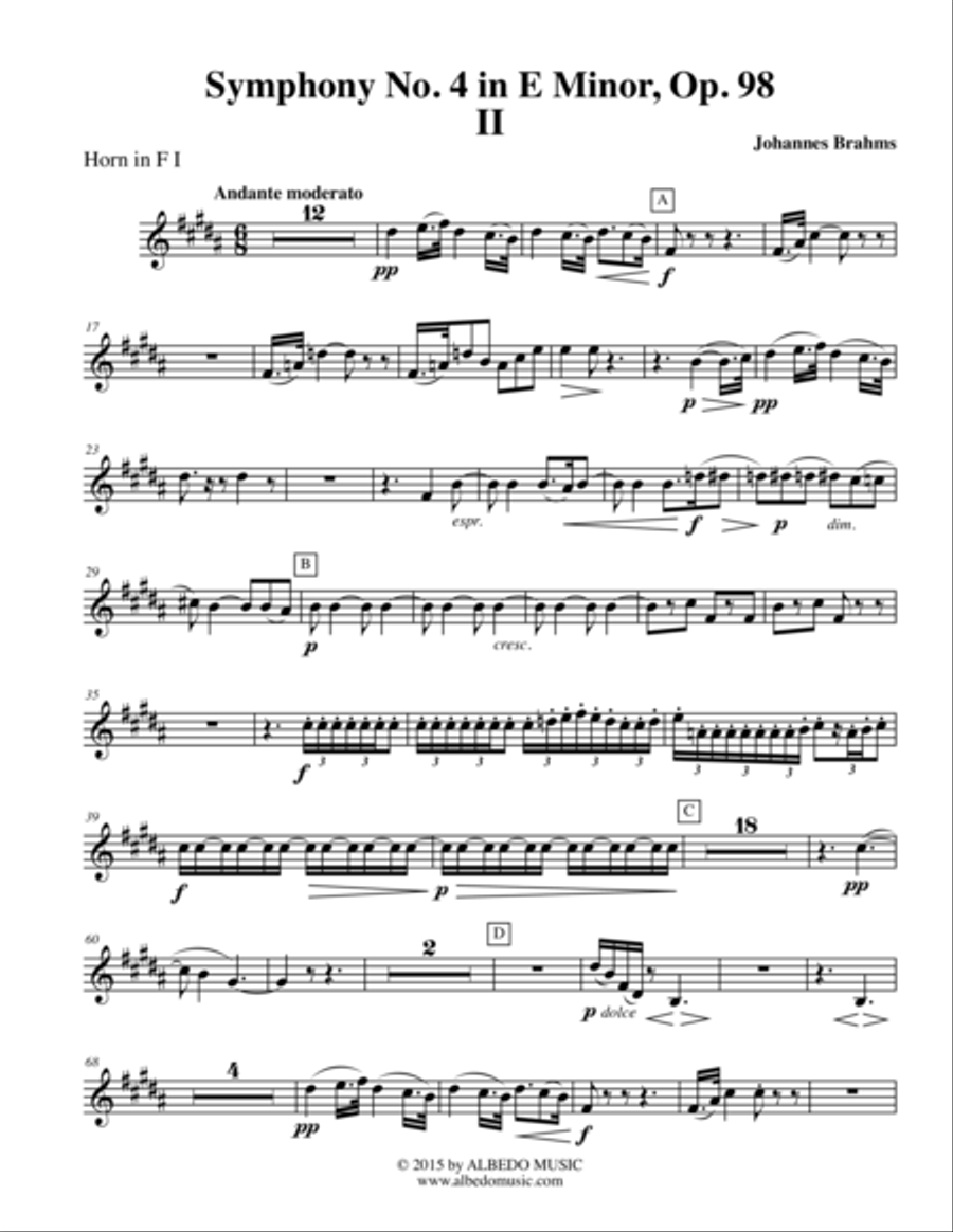 Brahms Symphony No. 4, Movement II - Horn in F 1 (Transposed Part), Op. 98 Horn Solo scores gallery preview page 1