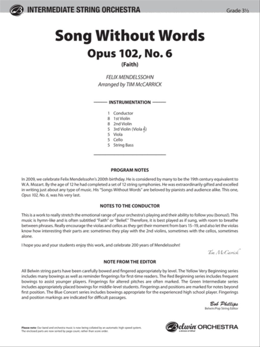Song Without Words, Opus 102, No. 6 (Faith): Score String Orchestra scores gallery preview page 1