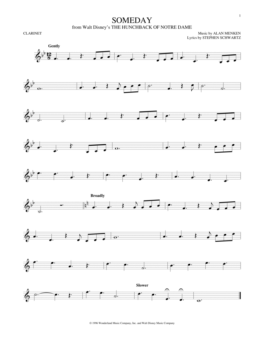 Someday (from The Hunchback Of Notre Dame) Clarinet Solo scores gallery preview page 1
