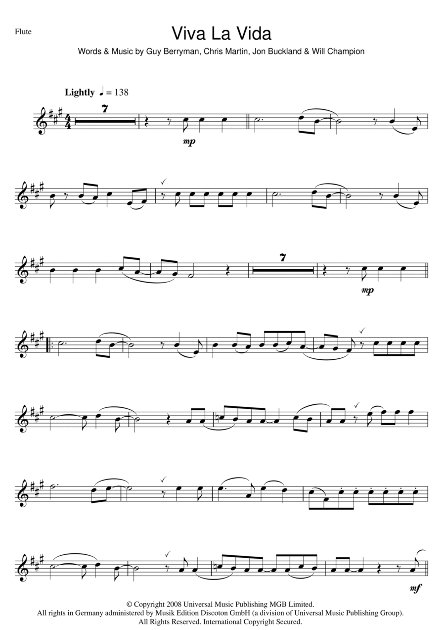 Viva La Vida Viva La Vida Flute Solo scores gallery preview page 1
