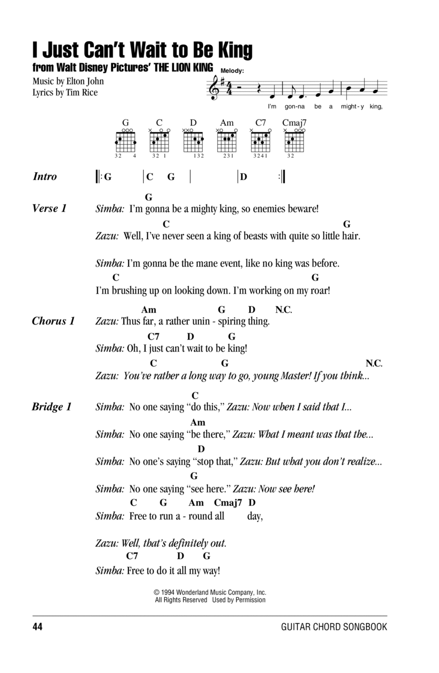 I Just Can't Wait To Be King (from The Lion King) Easy Guitar scores gallery preview page 1
