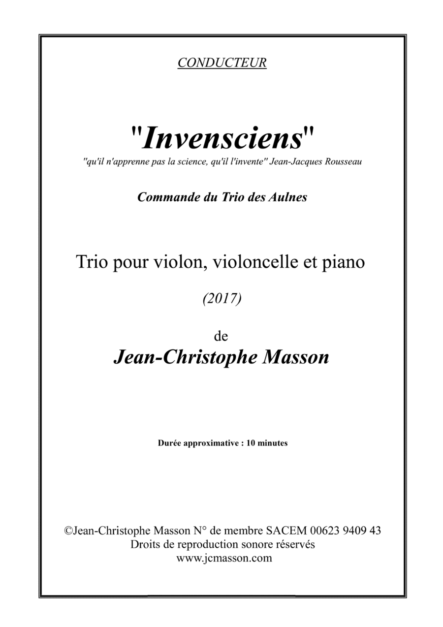 Invensciens --- Trio for Piano, Violin and Cello --- Score and Parts --- Command of Trio des Aulnes Piano Trio scores gallery preview page 1