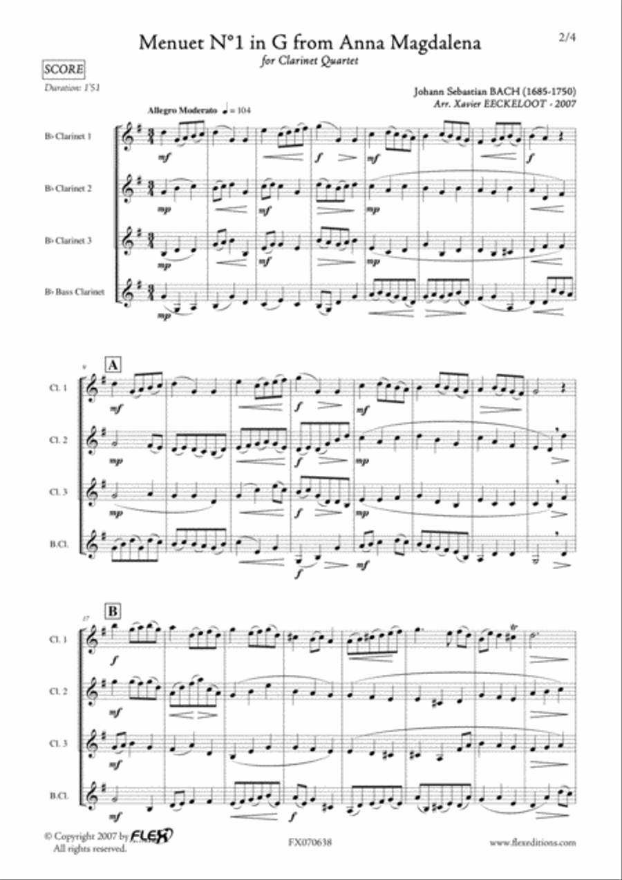Menuet in G from Anna Magdalena Notebook Clarinet Quartet scores gallery preview page 2