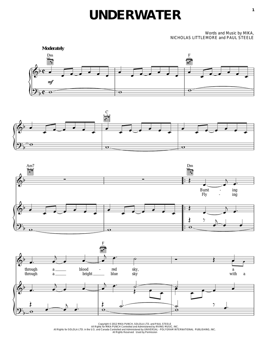 Underwater Underwater Piano, Vocal, Guitar scores gallery preview page 1