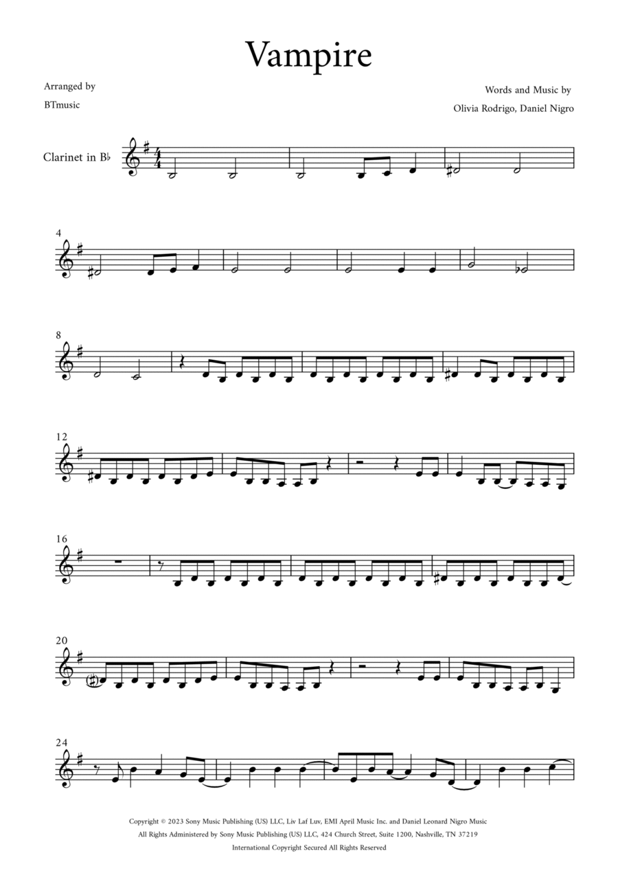 Vampire B-Flat Clarinet scores gallery preview page 1