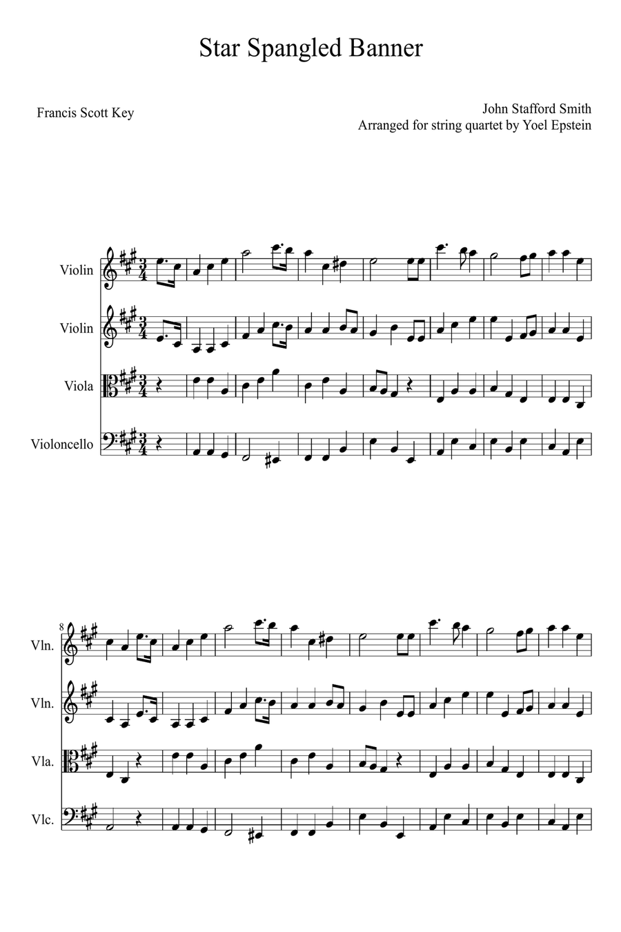 Star Spangled Banner in the key of A Major for String Quartet String Quartet scores gallery preview page 3