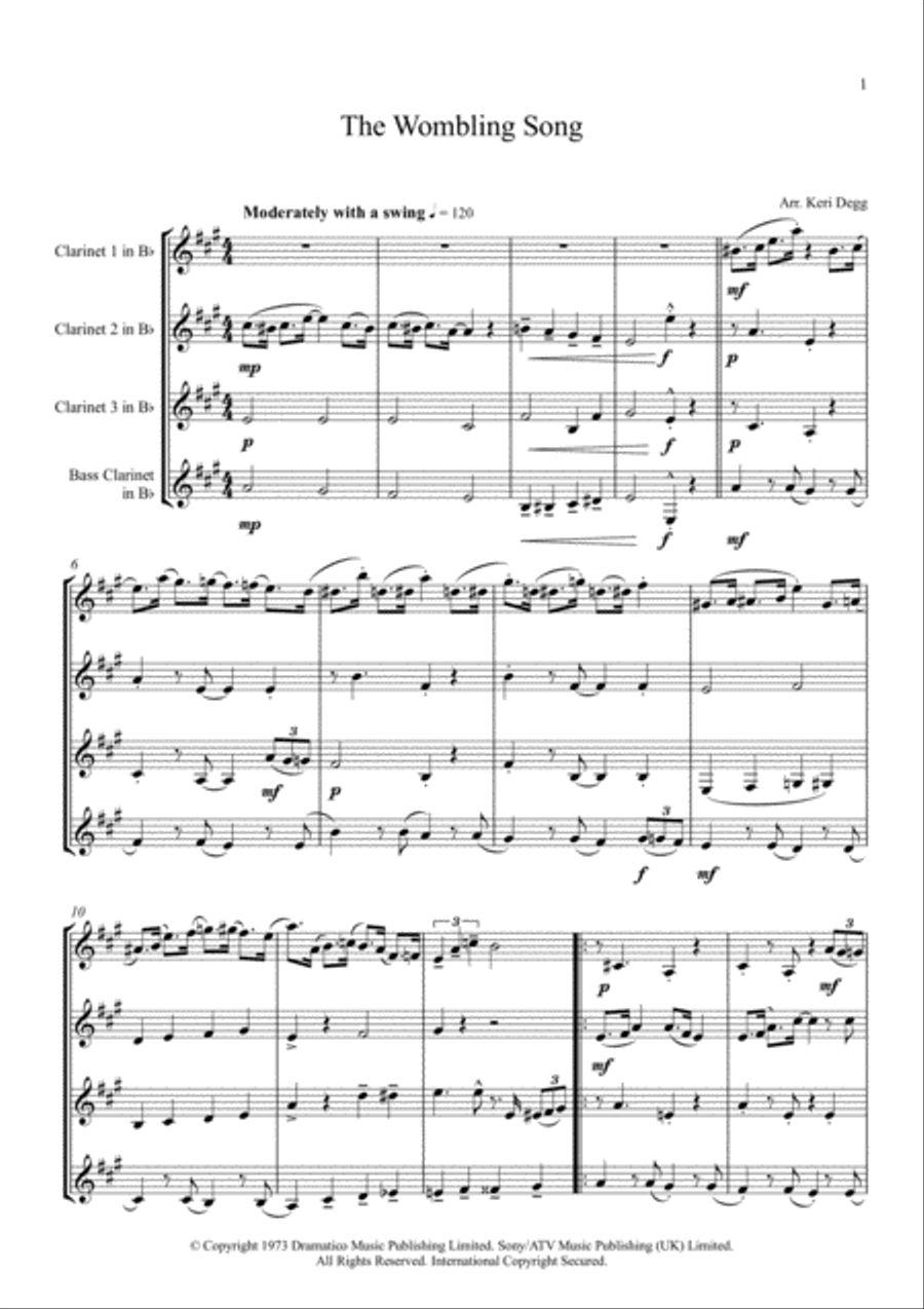 The Wombling Song Clarinet Quartet scores gallery preview page 1