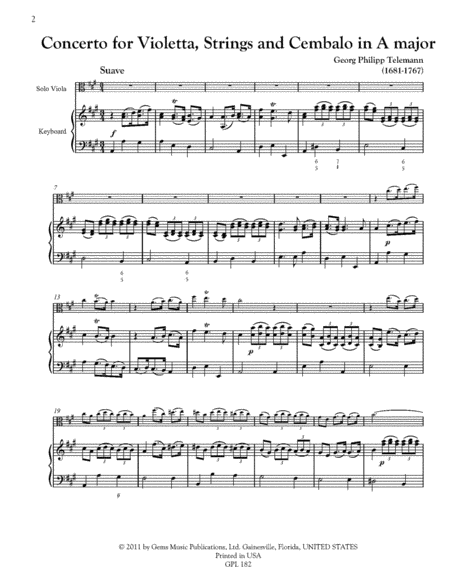 Concerto in A major, TWV 51:A5 for Solo Violetta, 2 Violini, Cello & Cembalo