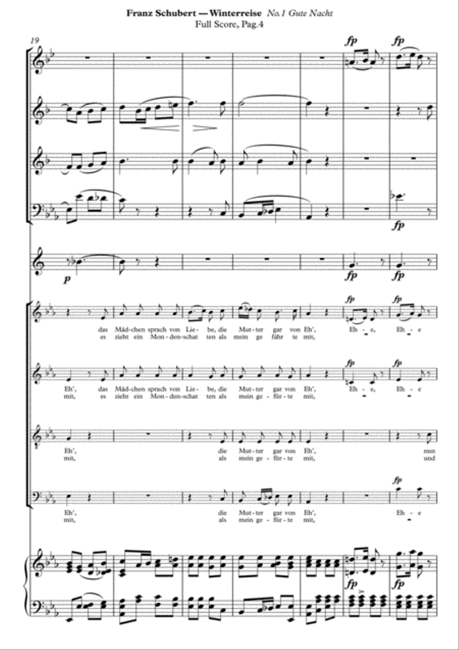 Schubert, Gute Nacht from Winterreise. Arranged for SATB and Piano with Wind-Instruments ad lib. Sco 4-Part scores gallery preview page 6