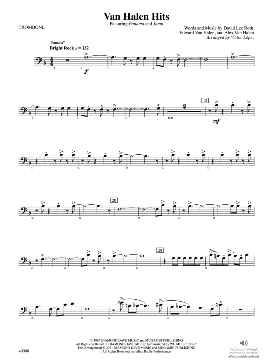Van Halen Hits: 1st Trombone Full Orchestra scores gallery preview page 1