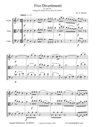 Mozart: Five Divertimenti K. Anh. 229 for String Trio