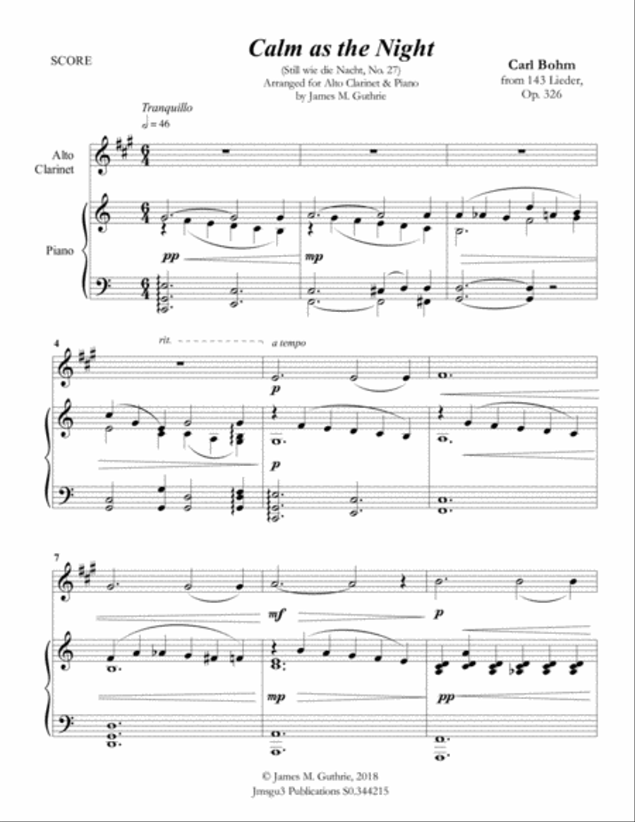 Bohm: Calm as the Night for Alto Clarinet & Piano E-Flat Clarinet scores gallery preview page 1
