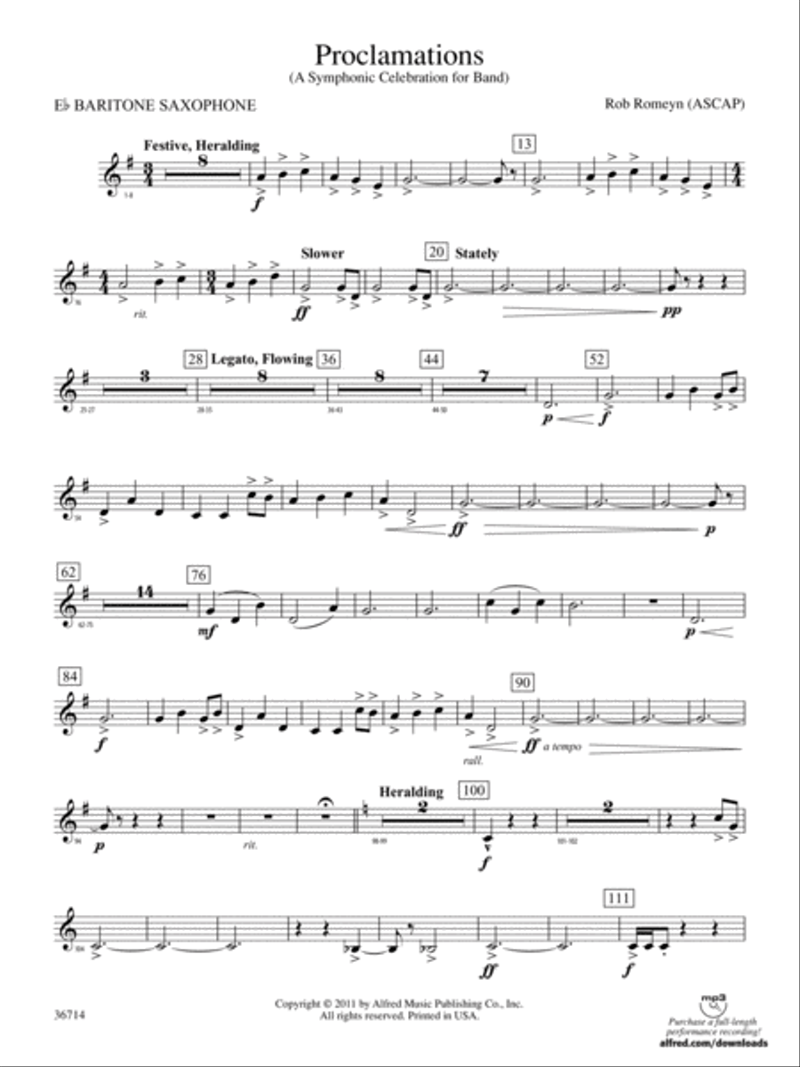 Proclamations: E-flat Baritone Saxophone Concert Band scores gallery preview page 1