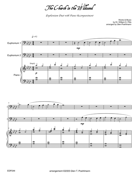 THE CHURCH IN THE WILDWOOD - EUPHONIUM/TROMBONE DUET with Piano Accompaniment Brass Duet - Digital Sheet Music