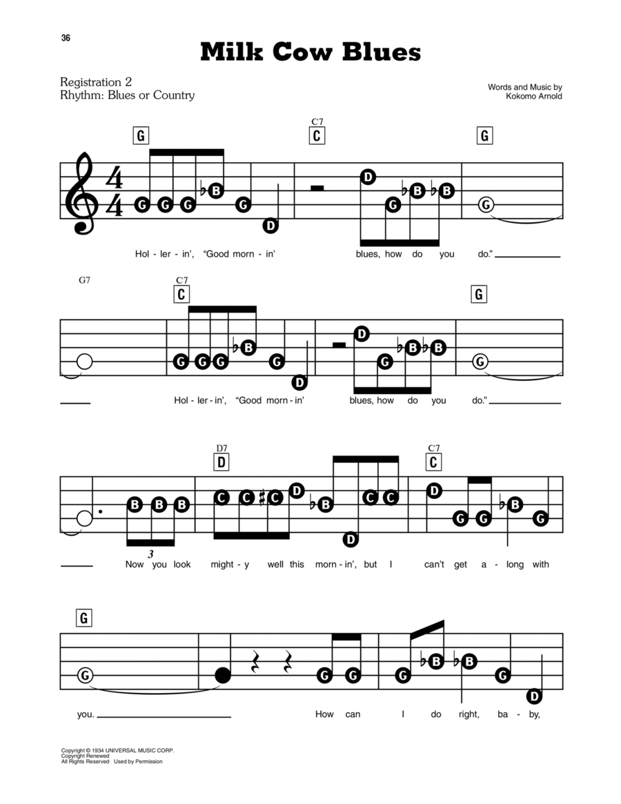 Milk Cow Blues Electronic Keyboard scores gallery preview page 1