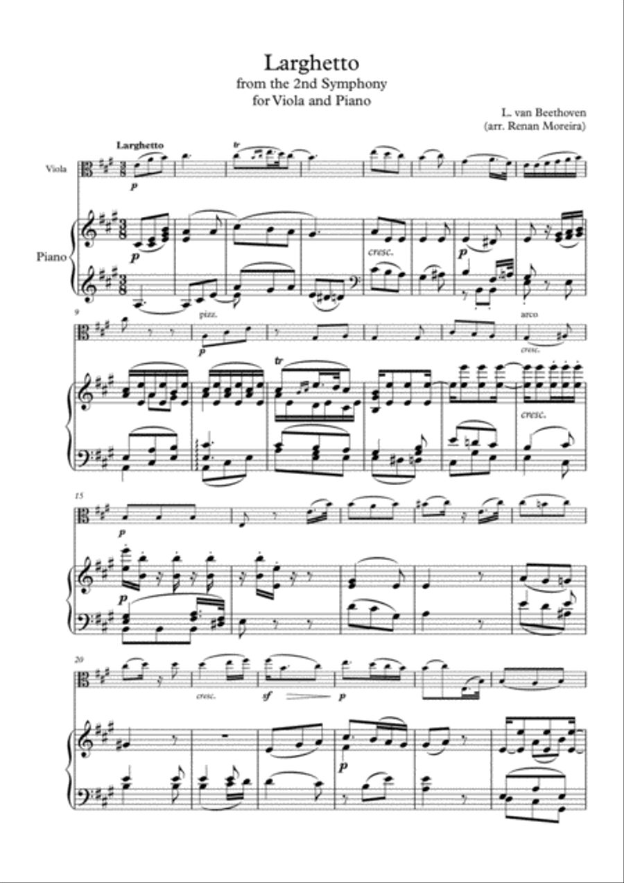 Beethoven - Larghetto for Viola and Piano Piano scores gallery preview page 1