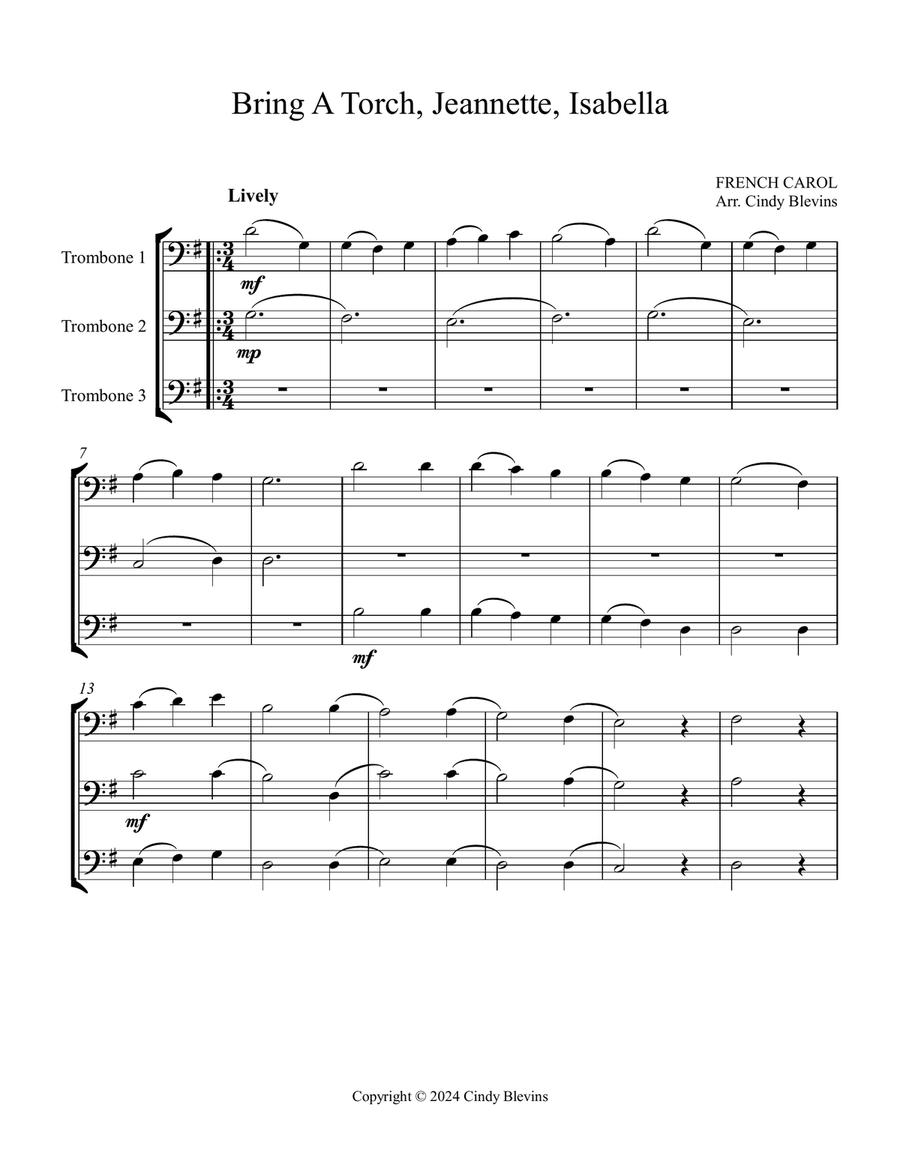 Bring A Torch, Jeannette, Isabella, for Trombone Trio by Cindy Blevins Trombone Trio - Digital Sheet Music page 2