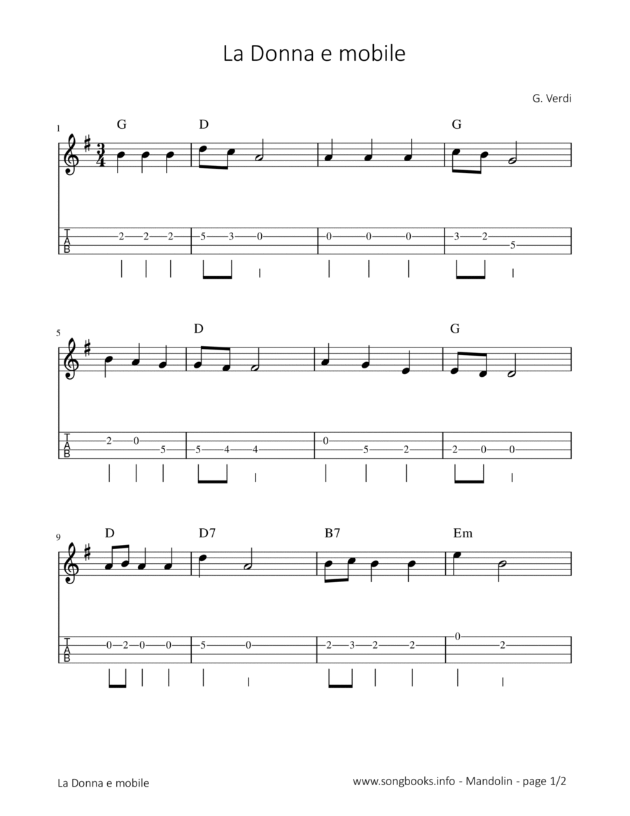 La Donna e mobile - G. Verdi Mandolin scores gallery preview page 1