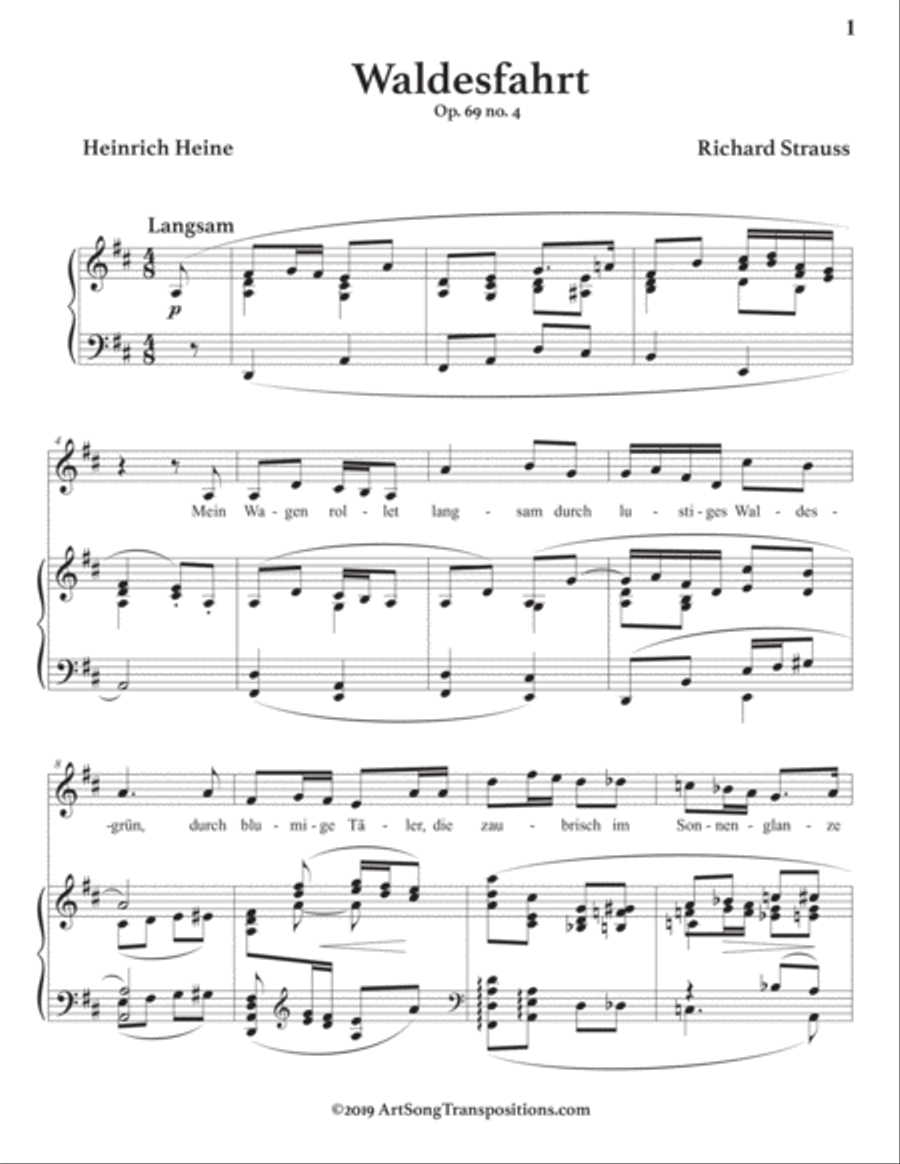 STRAUSS: Waldesfahrt, Op. 69 no. 4 (transposed to D major) Voice scores gallery preview page 2