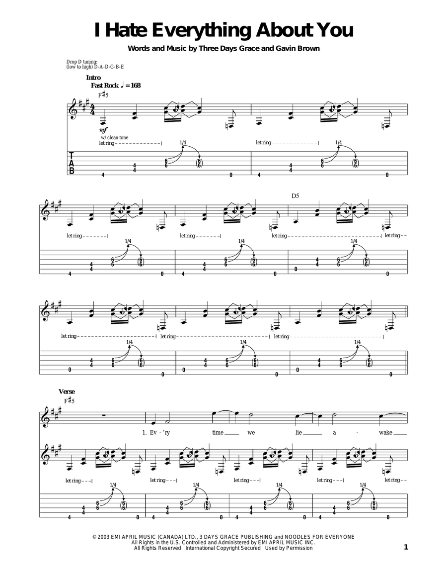 I Hate Everything About You Guitar Tablature scores gallery preview page 1