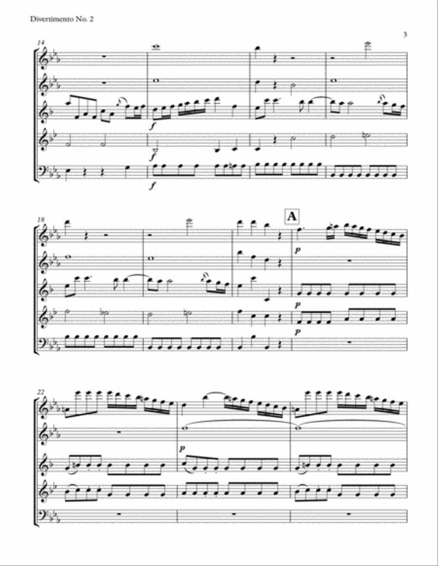 Mozart: Divertimento No. 2 in D Major (in E-flat for Woodwind Quintet) Woodwind Quintet scores gallery preview page 3