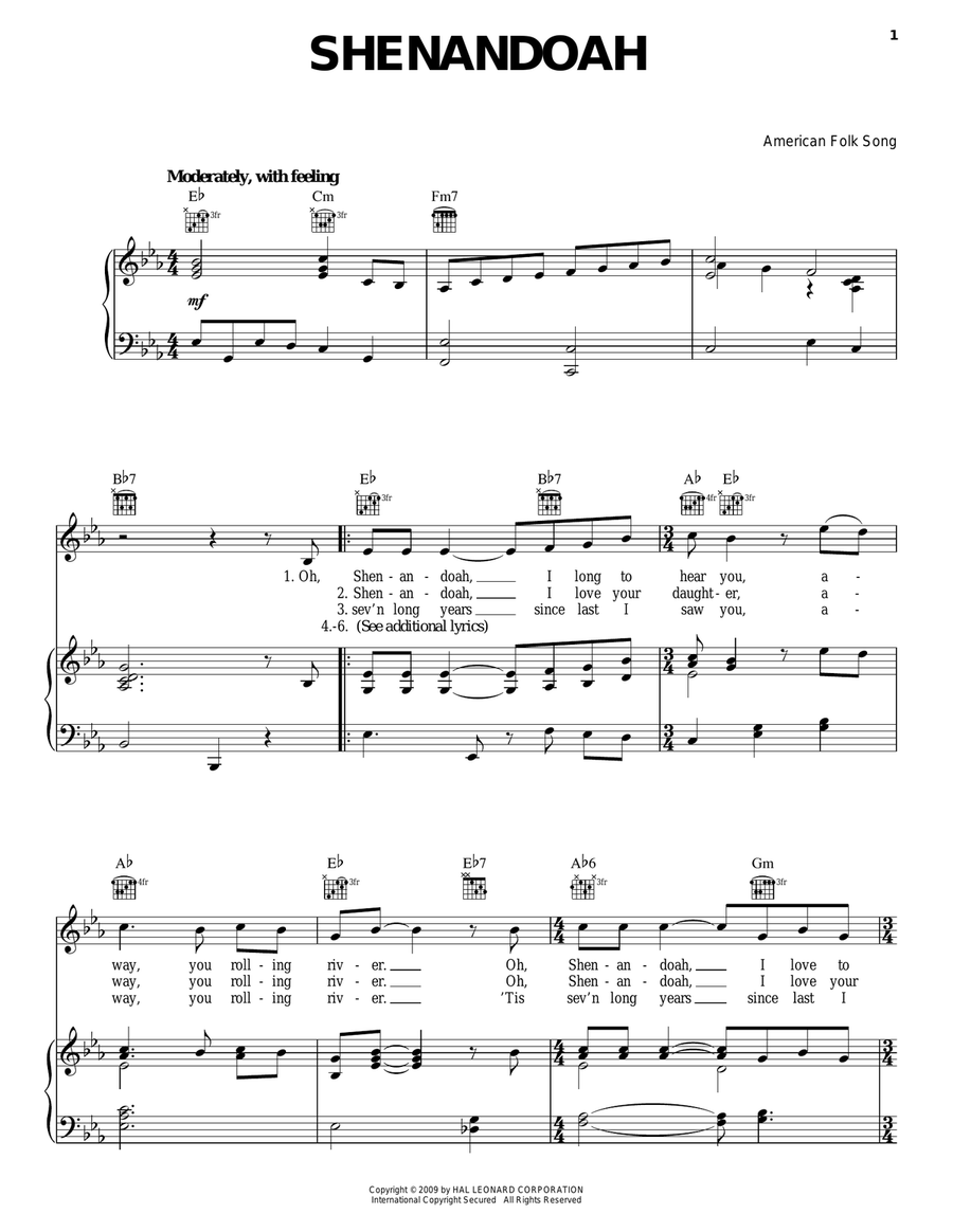Shenandoah Piano, Vocal, Guitar scores gallery preview page 1