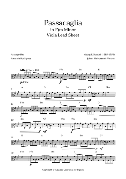 Passacaglia - Easy Viola Lead Sheet in F#m Minor (Johan Halvorsen's Version) image number null