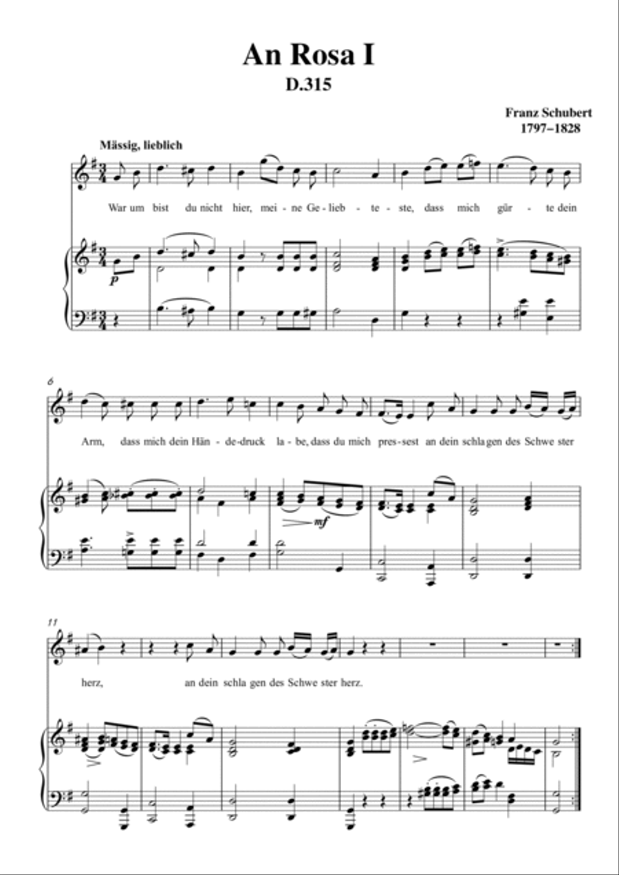 Schubert-An Rosa I(To Rosa),D.315 in G for Vocal and Piano Voice scores gallery preview page 2