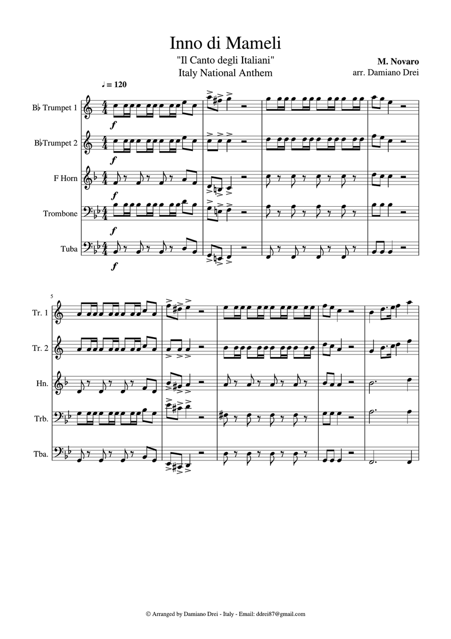 Inno di Mameli (Il Canto degli Italiani, Italy National Anthem) for Brass Quintet Brass Quintet scores gallery preview page 2