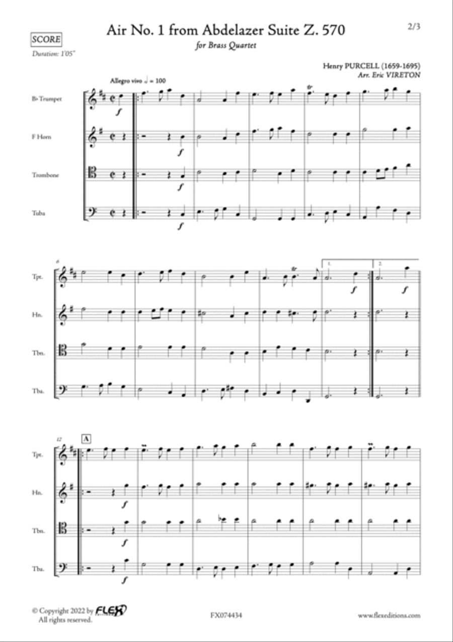 Air No. 1 from Abdelazer Suite Z. 570 Brass Quartet scores gallery preview page 2
