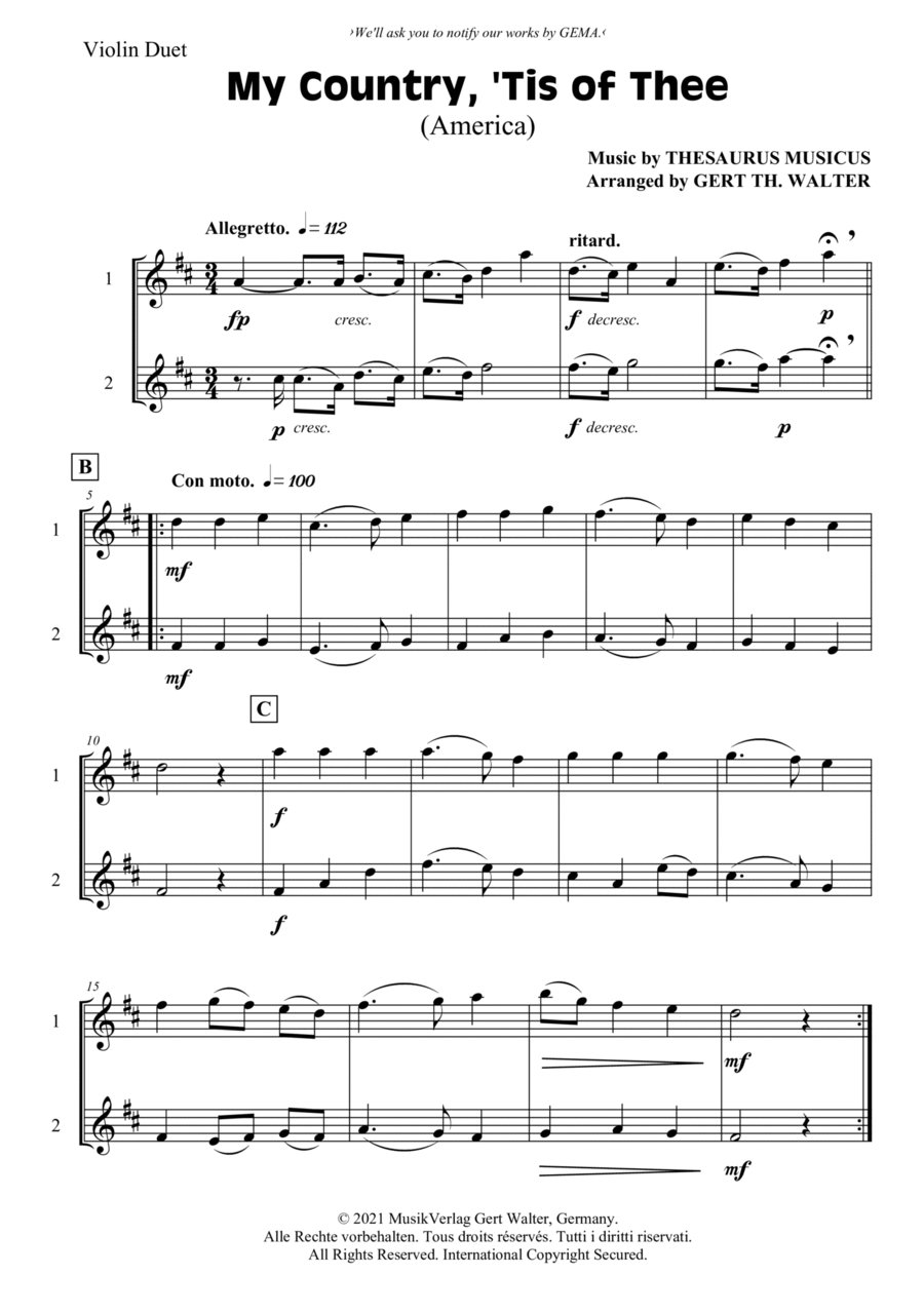 My Country, 'Tis Of Thee (America) String Duet scores gallery preview page 1