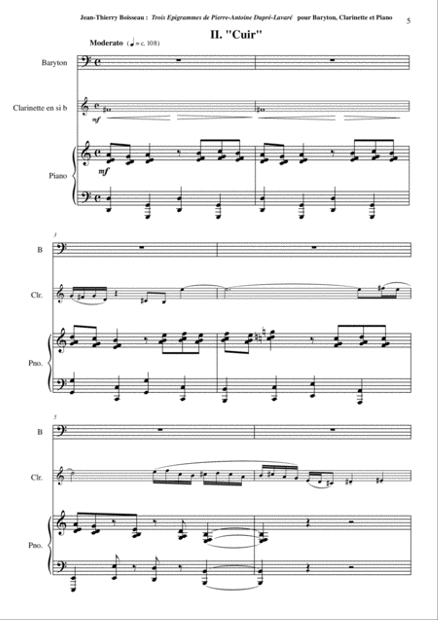 Jean-Thierry Boisseau: Trois Épigrammes de Pierre-Antoine Dupré-Lavaré for baritone, Bb clarinet and Small Ensemble scores gallery preview page 5