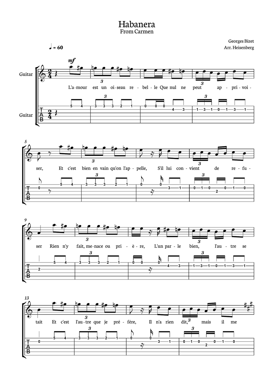 Habanera from Carmen for Classical Guitar with tab Acoustic Guitar scores gallery preview page 1