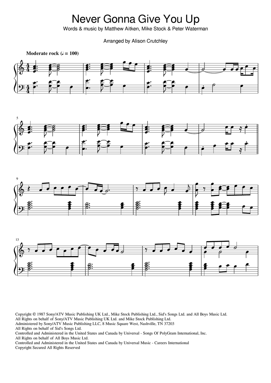 Never Gonna Give You Up Piano Solo scores gallery preview page 1