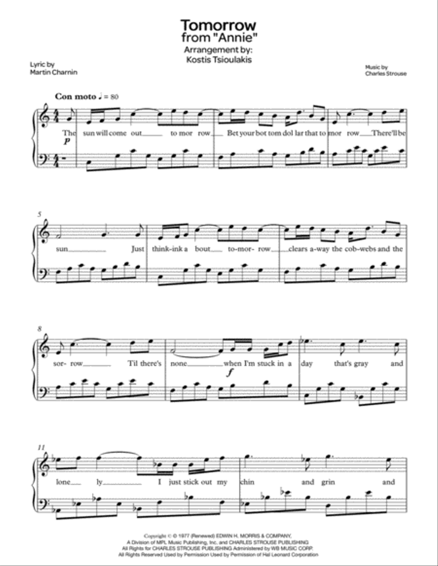Tomorrow Easy Piano scores gallery preview page 1