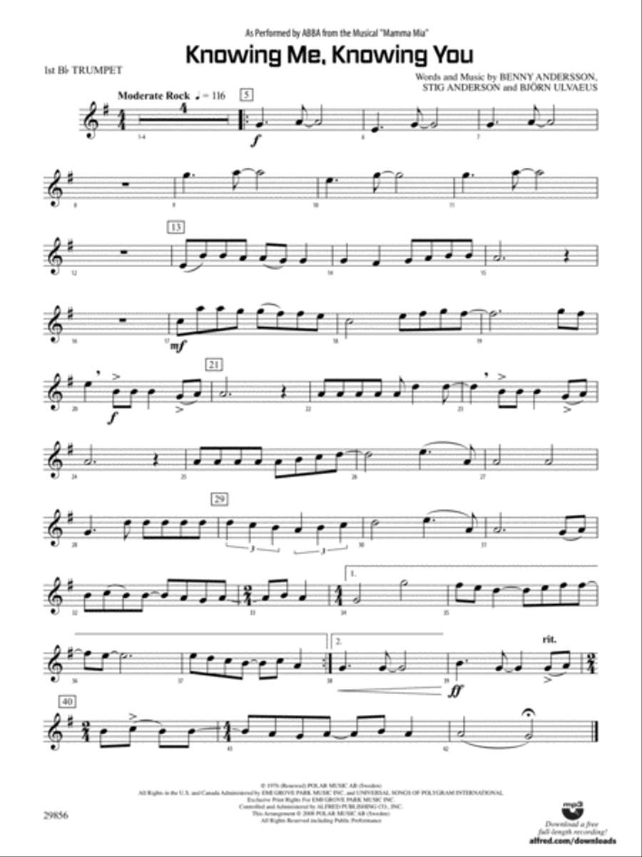 Knowing Me, Knowing You (As performed by ABBA from the musical Mamma Mia): 1st B-flat Trumpet Concert Band scores gallery preview page 1