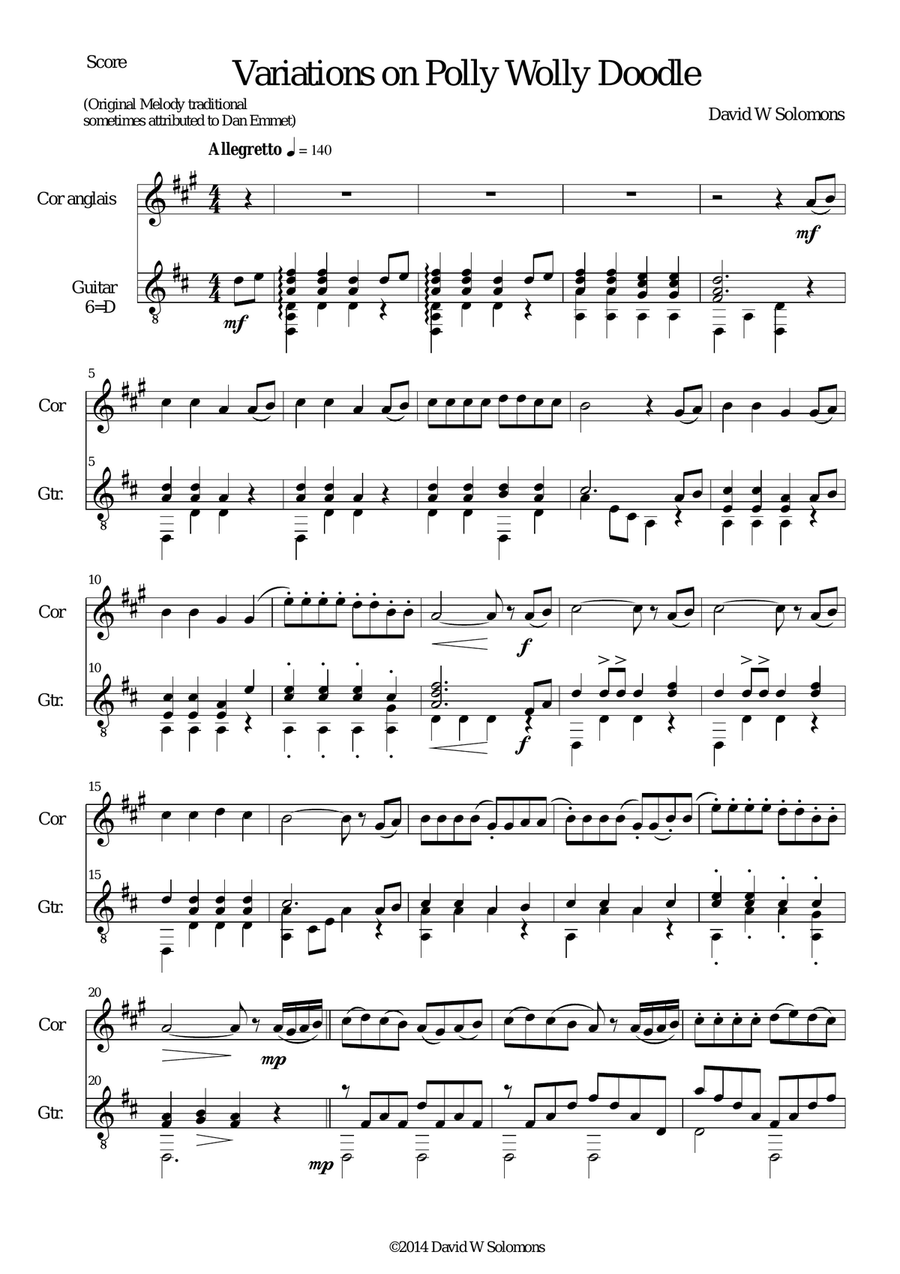 Variations on Polly Wolly Doodle for cor anglais and guitar English Horn scores gallery preview page 1