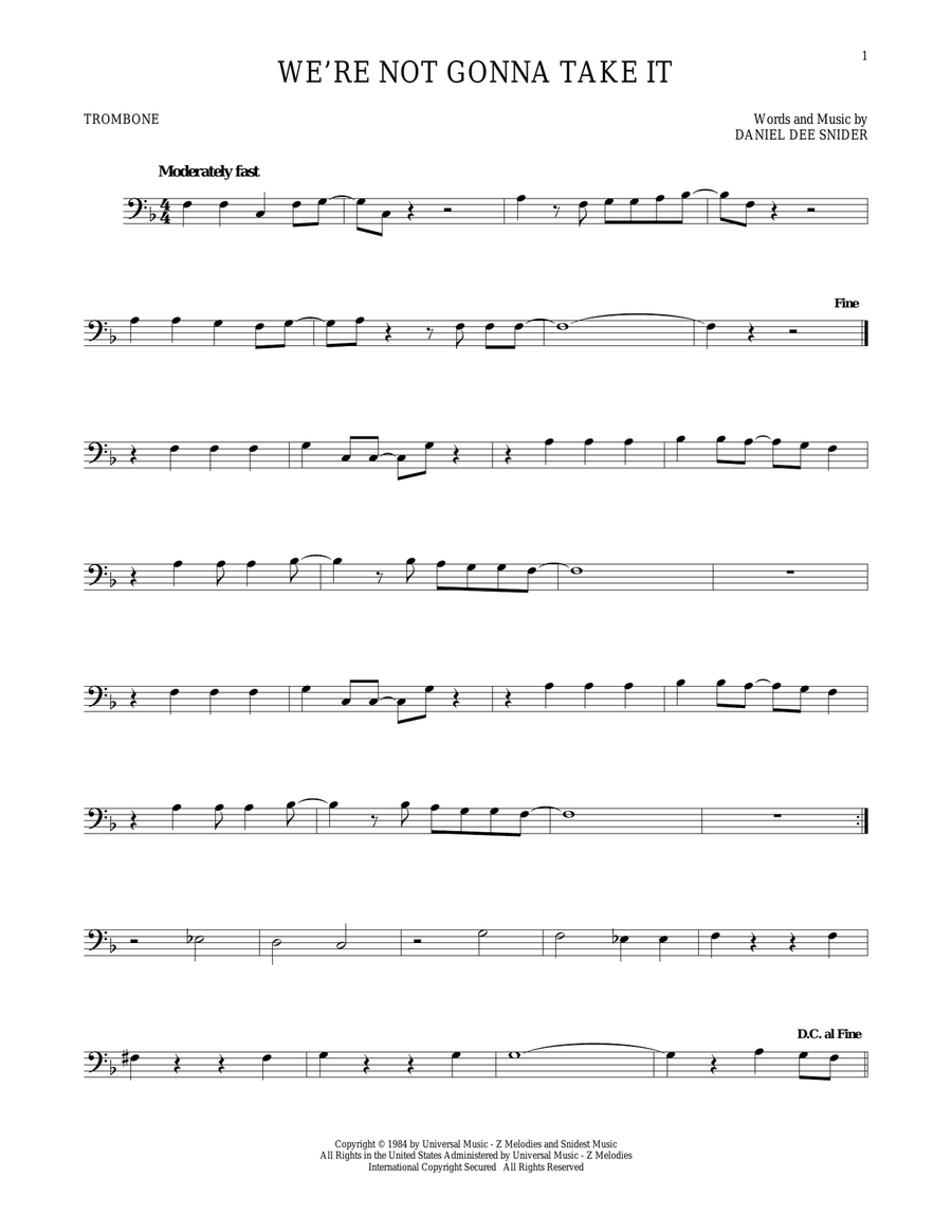 We're Not Gonna Take It Trombone Solo scores gallery preview page 1