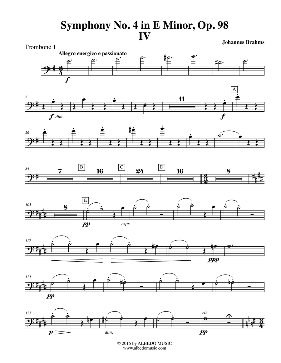 Brahms Symphony No. 4, Movement IV - Trombone in Bass Clef 1 (Transposed Part), Op. 98 Trombone Solo scores gallery preview page 1