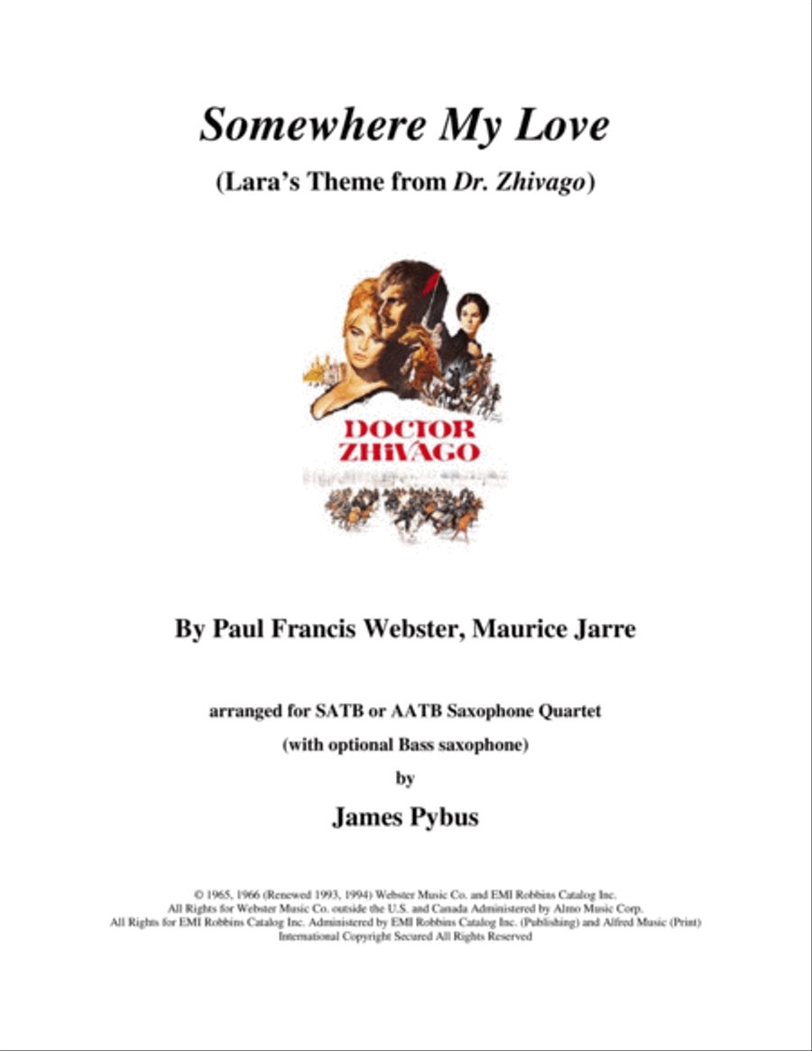 Somewhere, My Love Saxophone Quartet scores gallery preview page 1
