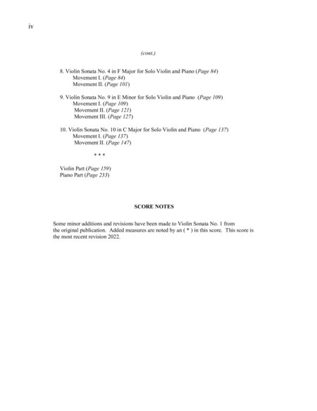Violin Sonatas, Nos. 1 thru 10 for Violin and Piano and Solo Violin, Full Score and Individual Parts
