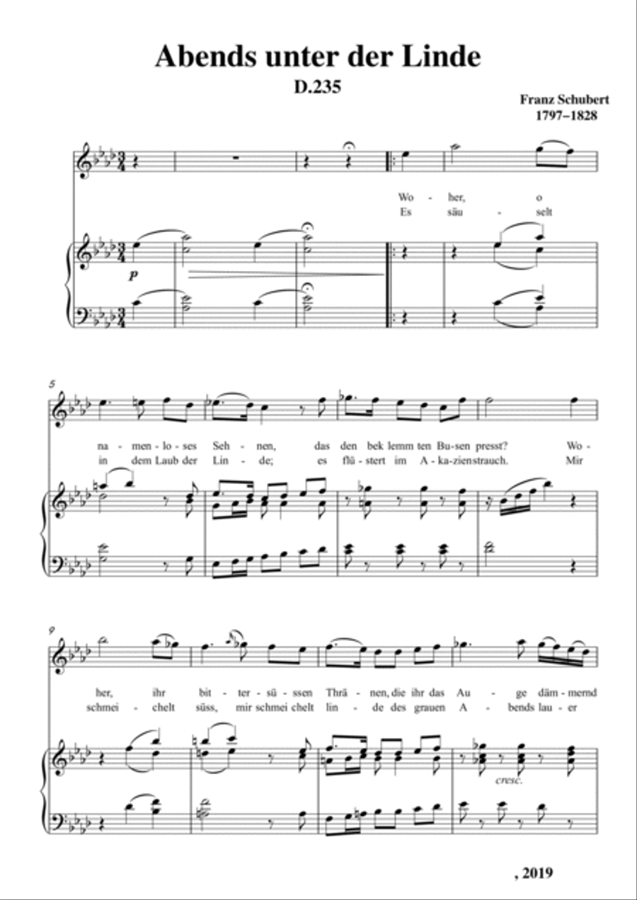 Schubert-Abends unter der Linde,D.235 in bA for Vocal and Piano Voice scores gallery preview page 2